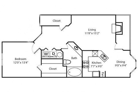 Floor plan for 1 bed, 1 bath, 835 sqft